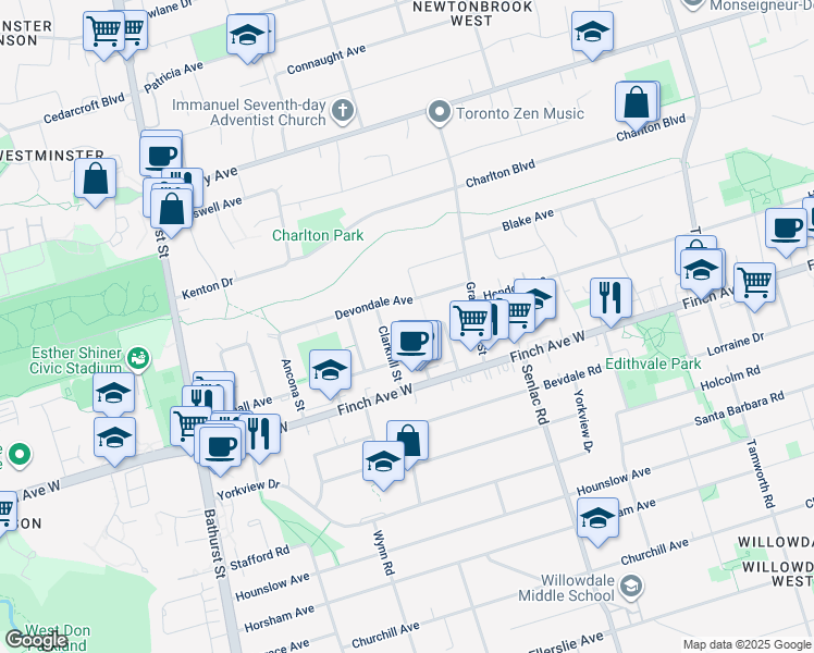 map of restaurants, bars, coffee shops, grocery stores, and more near in Toronto
