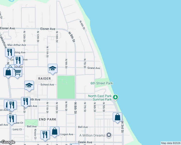 map of restaurants, bars, coffee shops, grocery stores, and more near 631 Grand Avenue in Sheboygan