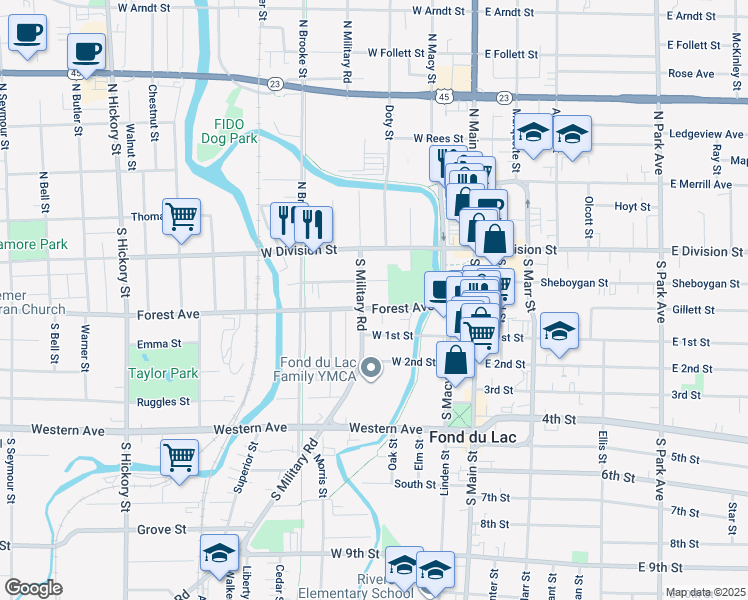 map of restaurants, bars, coffee shops, grocery stores, and more near 42 South Military Road in Fond du Lac