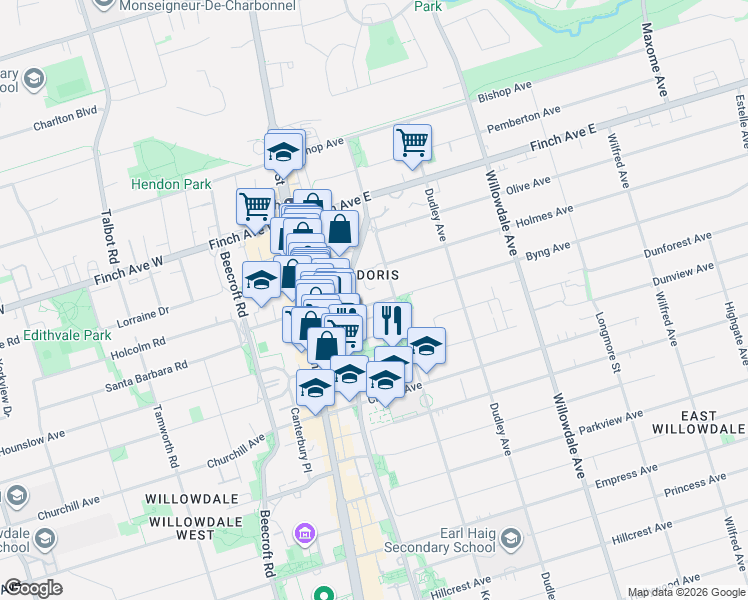 map of restaurants, bars, coffee shops, grocery stores, and more near 68 Byng Avenue in Toronto
