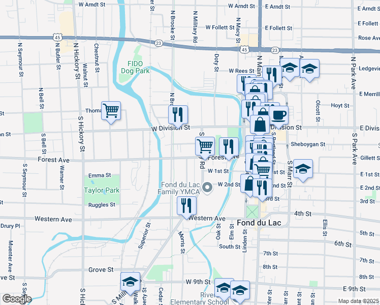 map of restaurants, bars, coffee shops, grocery stores, and more near 151 Forest Avenue in Fond du Lac