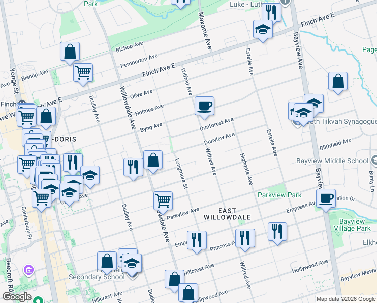 map of restaurants, bars, coffee shops, grocery stores, and more near 209 Dunview Avenue in Toronto