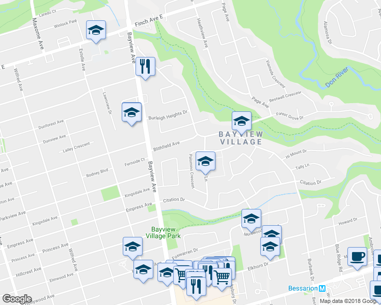 map of restaurants, bars, coffee shops, grocery stores, and more near 48 Palomino Crescent in Toronto