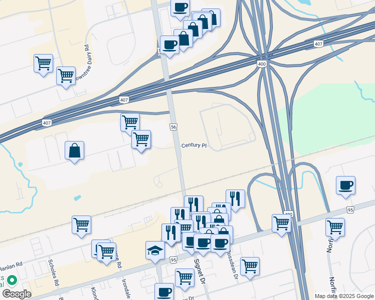 map of restaurants, bars, coffee shops, grocery stores, and more near 1 Century Place in Vaughan