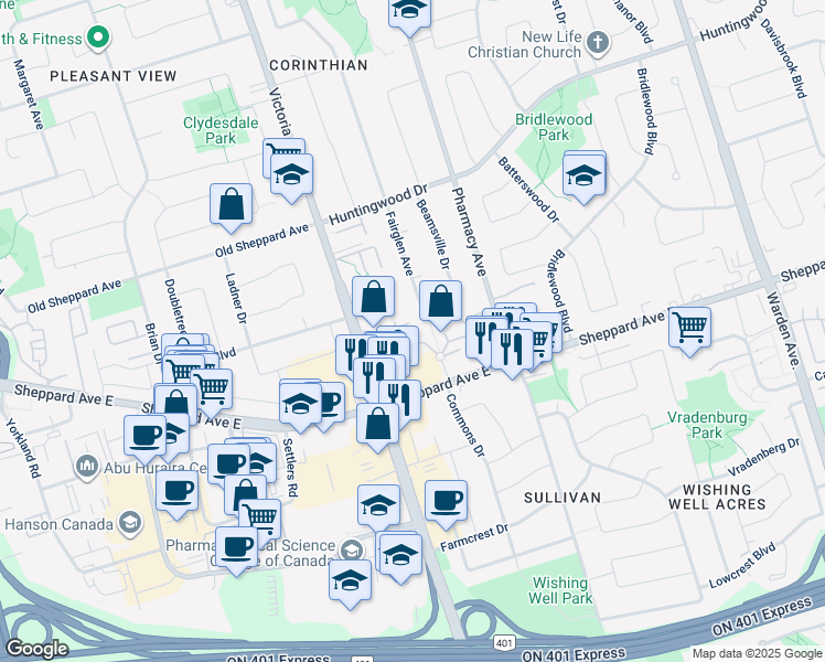 map of restaurants, bars, coffee shops, grocery stores, and more near 20 Chichester Place in Toronto