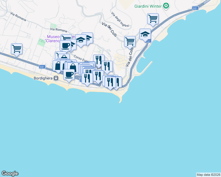 map of restaurants, bars, coffee shops, grocery stores, and more near 32 Via Sant'Ampelio in Bordighera