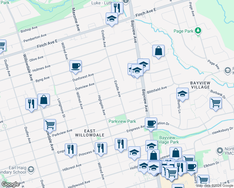 map of restaurants, bars, coffee shops, grocery stores, and more near 298 McKee Avenue in Toronto