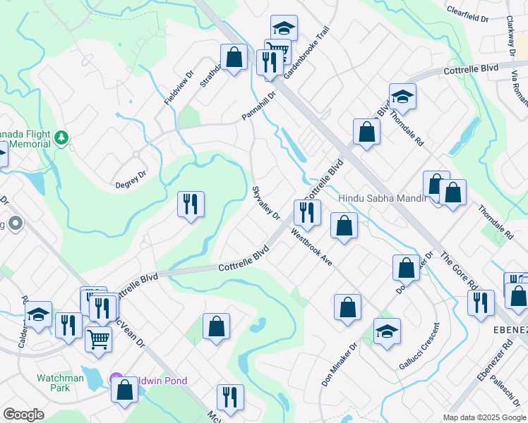 map of restaurants, bars, coffee shops, grocery stores, and more near 18 Skyvalley Drive in Brampton