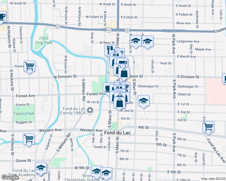 map of restaurants, bars, coffee shops, grocery stores, and more near 17 Forest Avenue in Fond du Lac