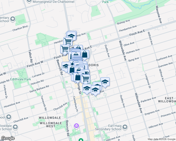 map of restaurants, bars, coffee shops, grocery stores, and more near 60 Byng Avenue in Toronto
