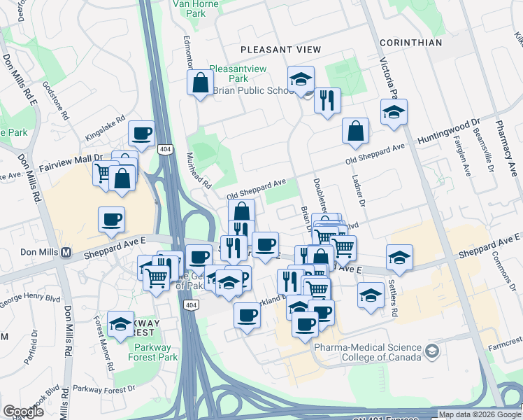 map of restaurants, bars, coffee shops, grocery stores, and more near 10 Poets Walk Way in Toronto