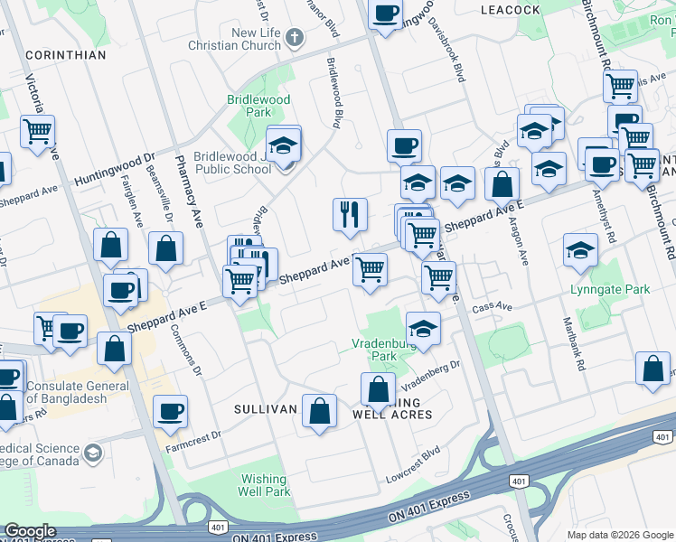 map of restaurants, bars, coffee shops, grocery stores, and more near 3195 Sheppard Avenue East in Toronto