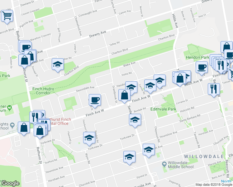 map of restaurants, bars, coffee shops, grocery stores, and more near 27 Grantbrook Street in Toronto