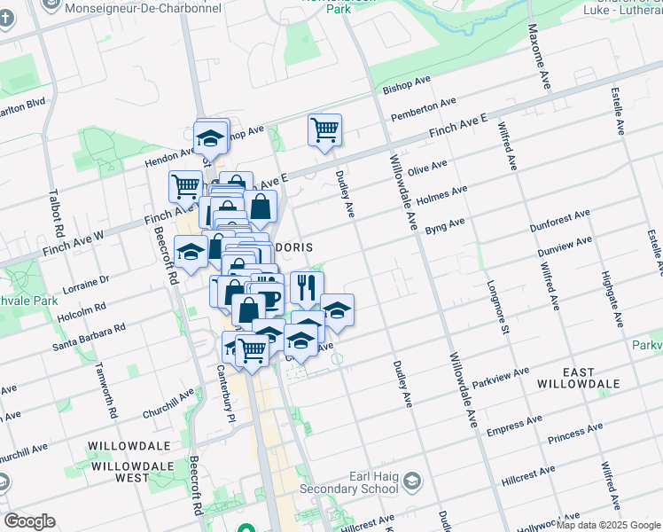 map of restaurants, bars, coffee shops, grocery stores, and more near 95 Byng Avenue in Toronto