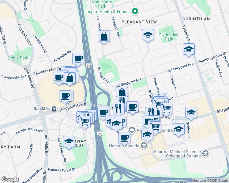map of restaurants, bars, coffee shops, grocery stores, and more near 5 Old Sheppard Avenue in Toronto