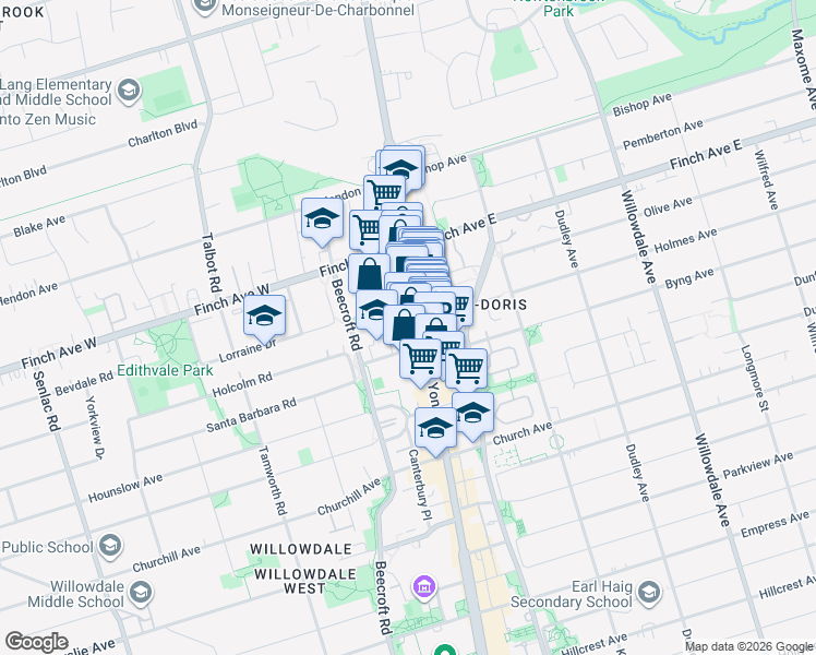 map of restaurants, bars, coffee shops, grocery stores, and more near 5460 Yonge Street in Toronto