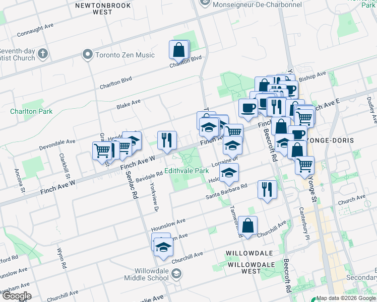 map of restaurants, bars, coffee shops, grocery stores, and more near 111 Finch Avenue West in Toronto