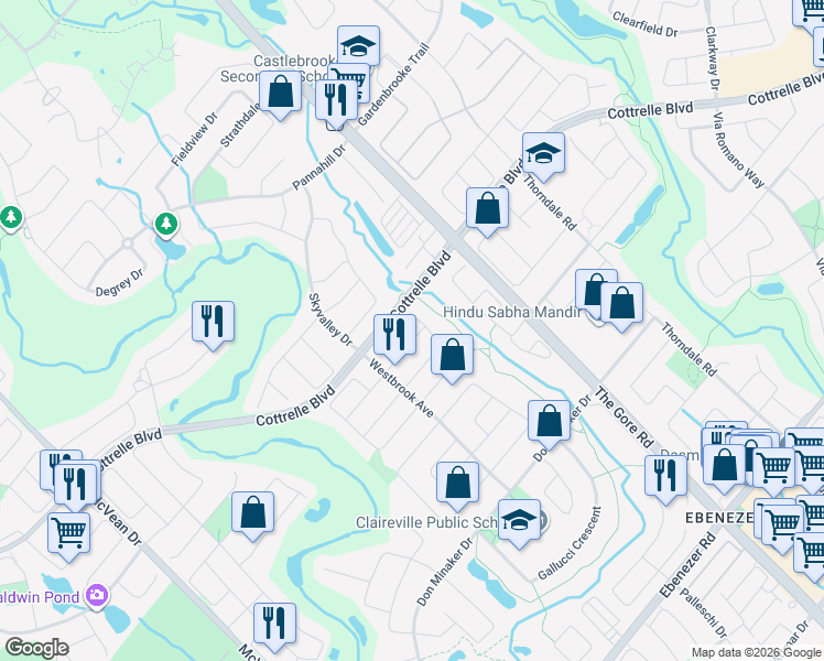 map of restaurants, bars, coffee shops, grocery stores, and more near 18 Pathmaster Road in Brampton