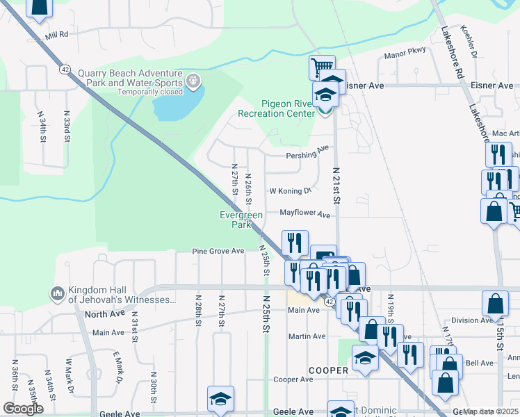map of restaurants, bars, coffee shops, grocery stores, and more near 3004 North 25th Street in Sheboygan