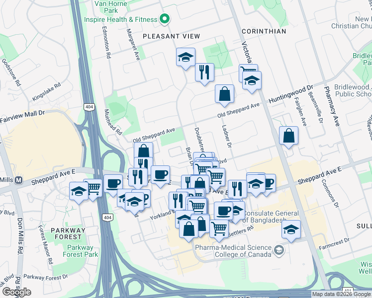 map of restaurants, bars, coffee shops, grocery stores, and more near 20 Brin Drive in Toronto