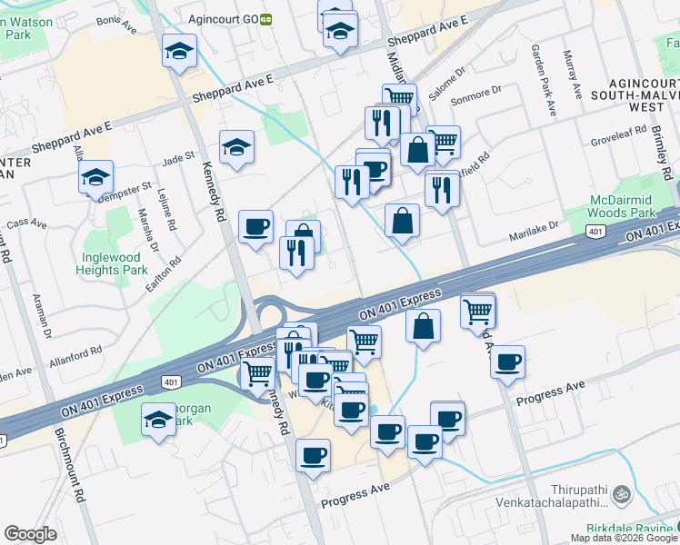map of restaurants, bars, coffee shops, grocery stores, and more near 135 Village Green Square in Toronto