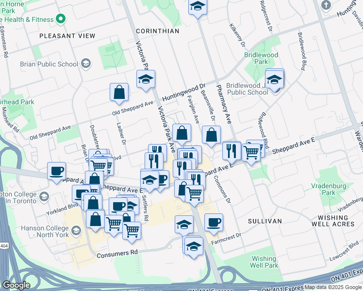map of restaurants, bars, coffee shops, grocery stores, and more near 2727 Victoria Park Avenue in Toronto