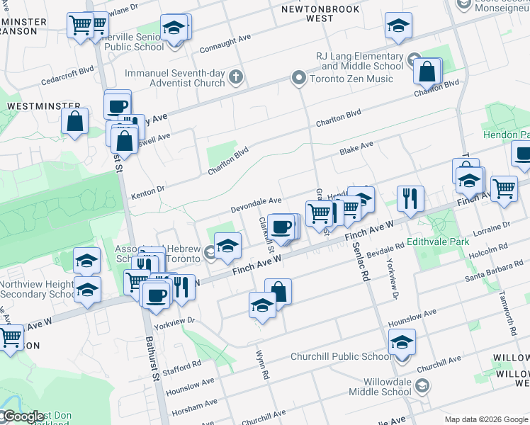 map of restaurants, bars, coffee shops, grocery stores, and more near 25 Clarkhill Street in Toronto
