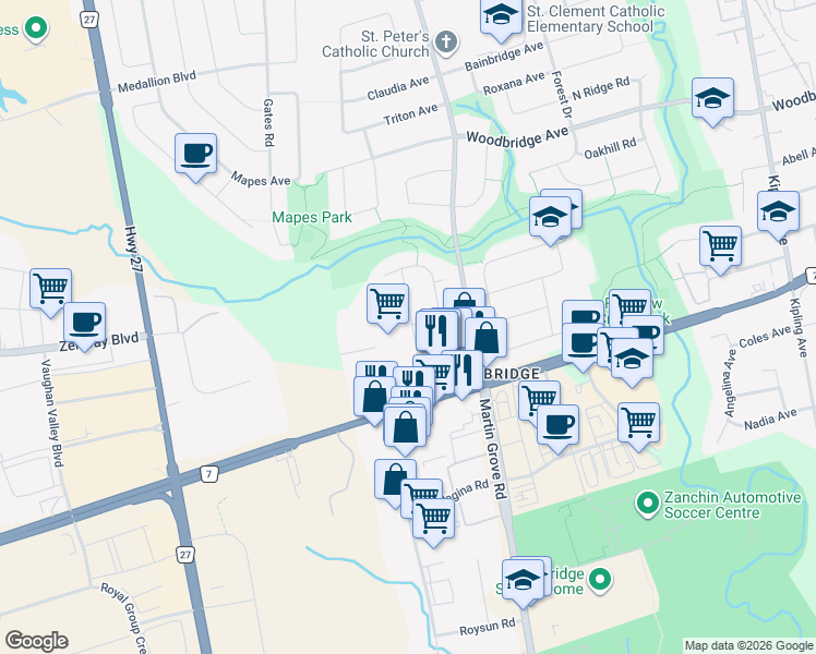 map of restaurants, bars, coffee shops, grocery stores, and more near 34 Agincourt Road in Vaughan