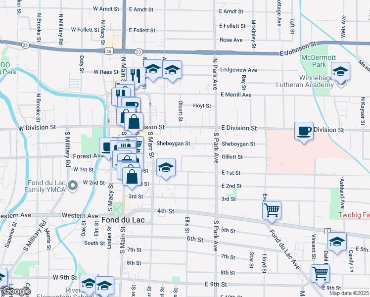 map of restaurants, bars, coffee shops, grocery stores, and more near 136 Sheboygan Street in Fond du Lac