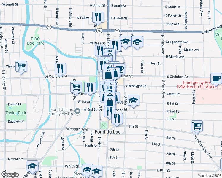 map of restaurants, bars, coffee shops, grocery stores, and more near 47 South Main Street in Fond du Lac