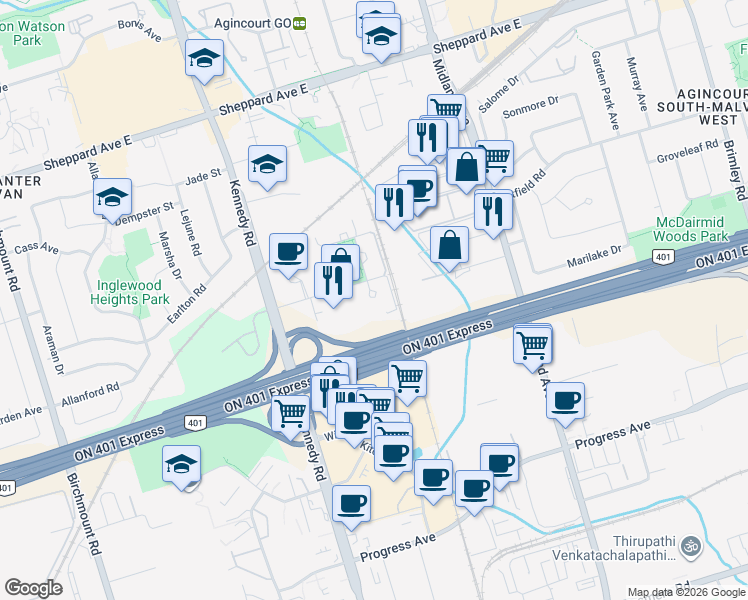 map of restaurants, bars, coffee shops, grocery stores, and more near 135 Village Green Square in Toronto