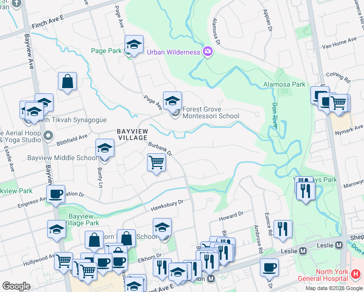 map of restaurants, bars, coffee shops, grocery stores, and more near 8 Hi Mount Drive in Toronto