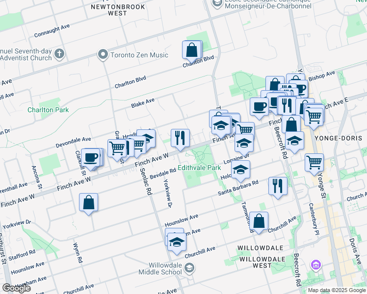 map of restaurants, bars, coffee shops, grocery stores, and more near 128 Finch Avenue West in Toronto