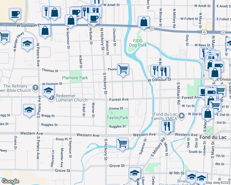 map of restaurants, bars, coffee shops, grocery stores, and more near 37 South Boardman Street in Fond du Lac