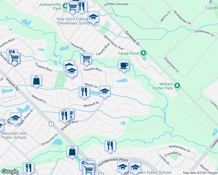 map of restaurants, bars, coffee shops, grocery stores, and more near 1 Pali Drive in Brampton