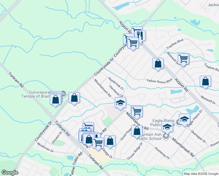 map of restaurants, bars, coffee shops, grocery stores, and more near 16 Haviland Circle in Brampton