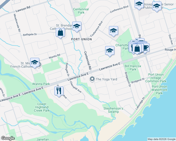 map of restaurants, bars, coffee shops, grocery stores, and more near 5332 Lawrence Avenue East in Toronto