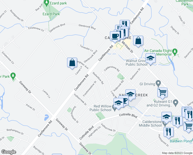 map of restaurants, bars, coffee shops, grocery stores, and more near 10 Redwillow Road in Brampton