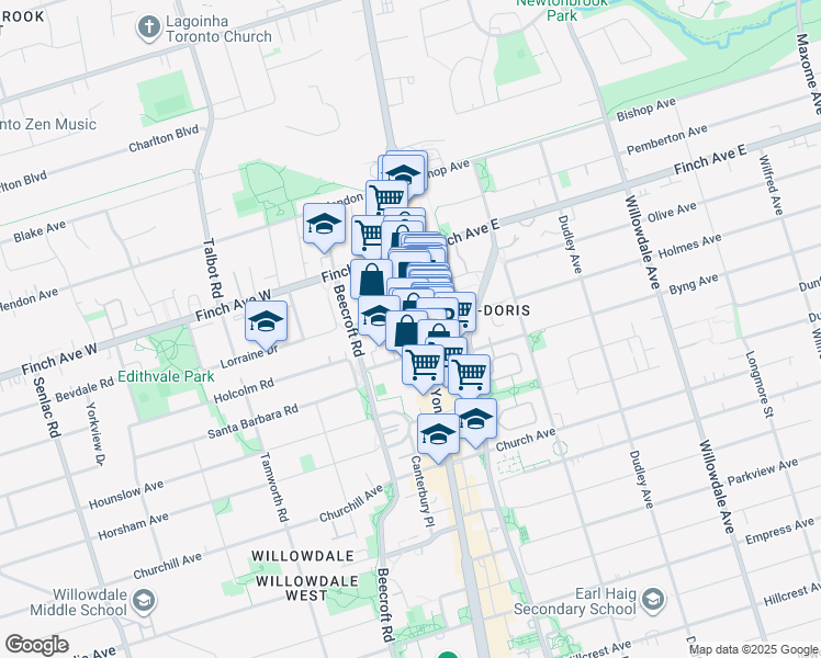 map of restaurants, bars, coffee shops, grocery stores, and more near 5460 Yonge Street in Toronto