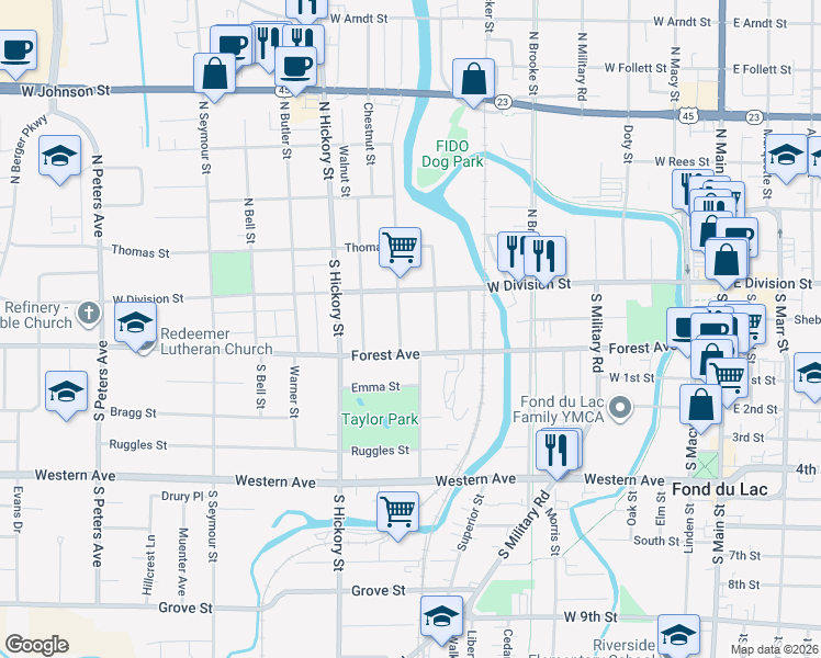 map of restaurants, bars, coffee shops, grocery stores, and more near 39 S Lincoln Ave in Fond du Lac