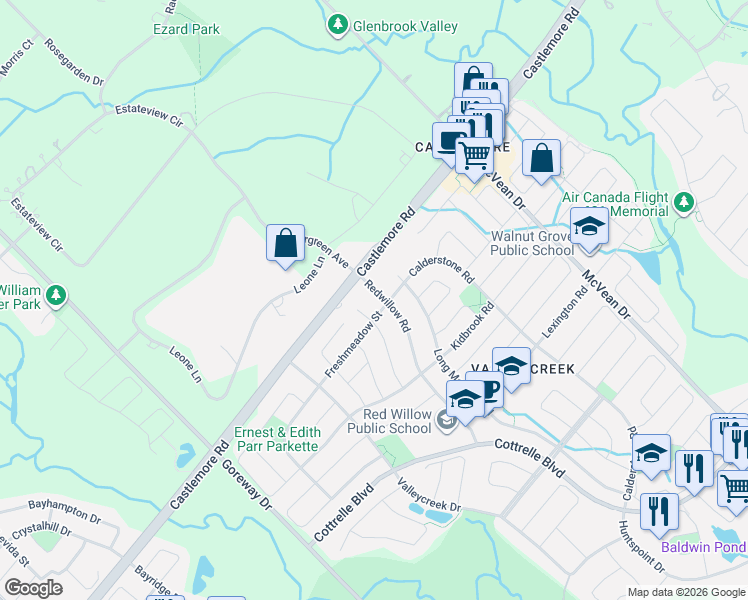 map of restaurants, bars, coffee shops, grocery stores, and more near 10 Redwillow Road in Brampton