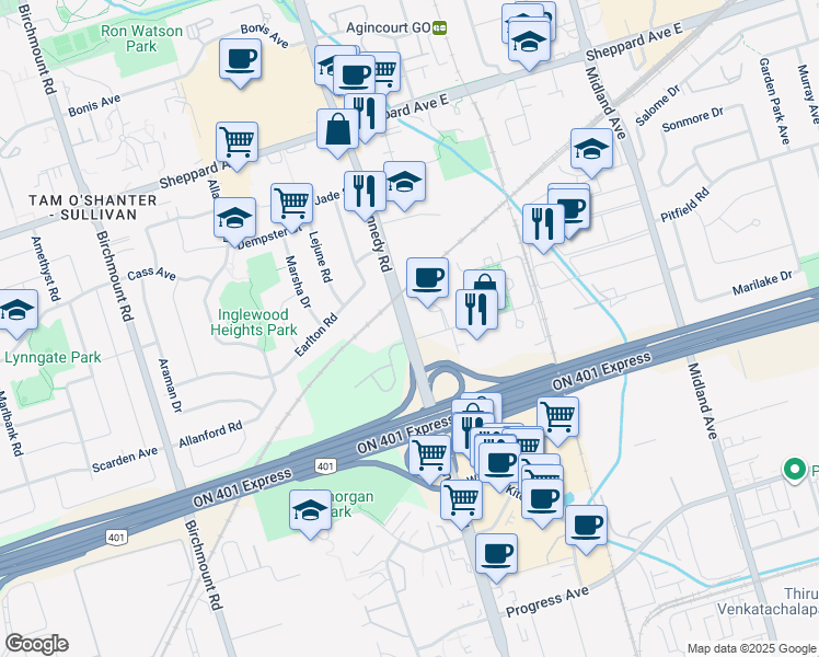 map of restaurants, bars, coffee shops, grocery stores, and more near in Toronto