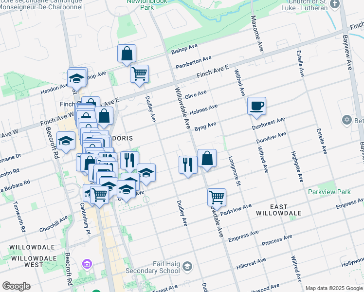 map of restaurants, bars, coffee shops, grocery stores, and more near in Toronto