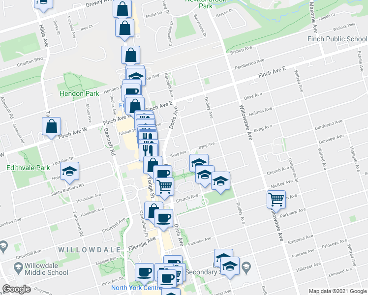 map of restaurants, bars, coffee shops, grocery stores, and more near 70 Byng Avenue in Toronto