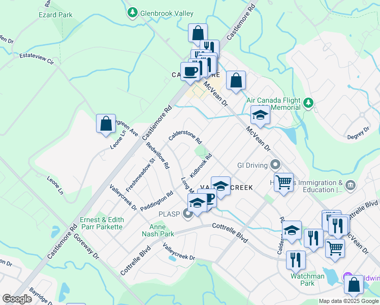 map of restaurants, bars, coffee shops, grocery stores, and more near 34 Shining Willow Crescent in Brampton