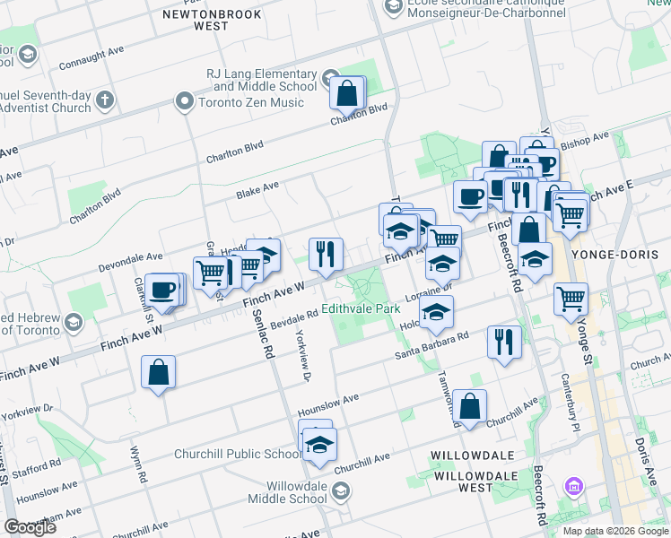 map of restaurants, bars, coffee shops, grocery stores, and more near 124 Finch Avenue West in Toronto