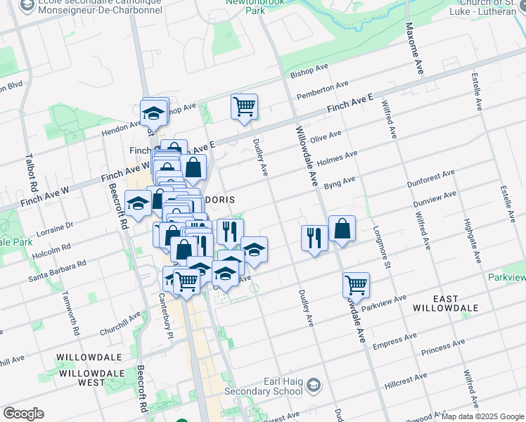 map of restaurants, bars, coffee shops, grocery stores, and more near 111 Byng Avenue in Toronto