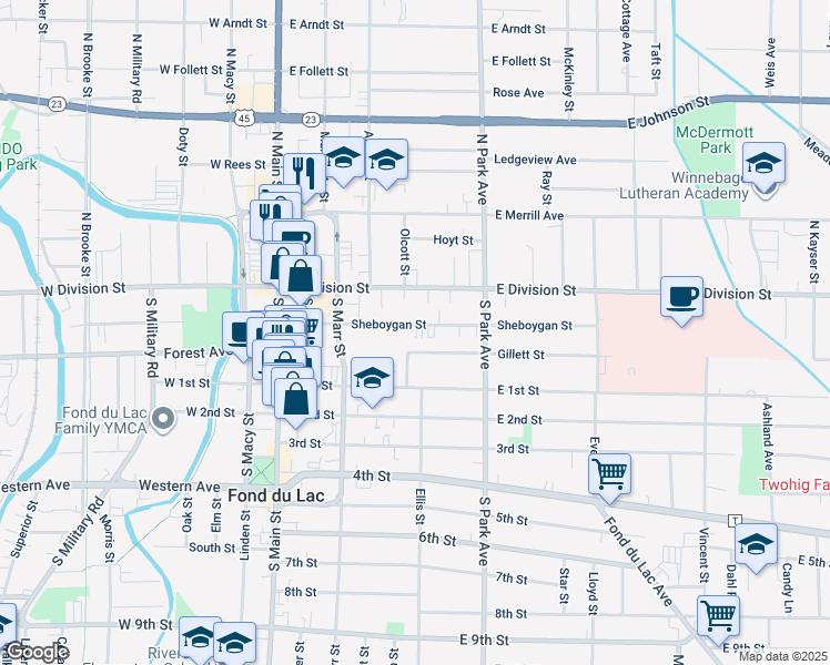 map of restaurants, bars, coffee shops, grocery stores, and more near 136 Sheboygan Street in Fond du Lac