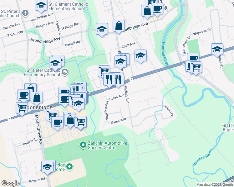 map of restaurants, bars, coffee shops, grocery stores, and more near 32 Coles Avenue in Vaughan
