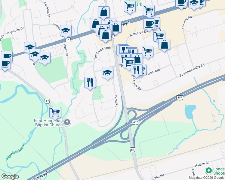 map of restaurants, bars, coffee shops, grocery stores, and more near 106 Terra Road in Vaughan